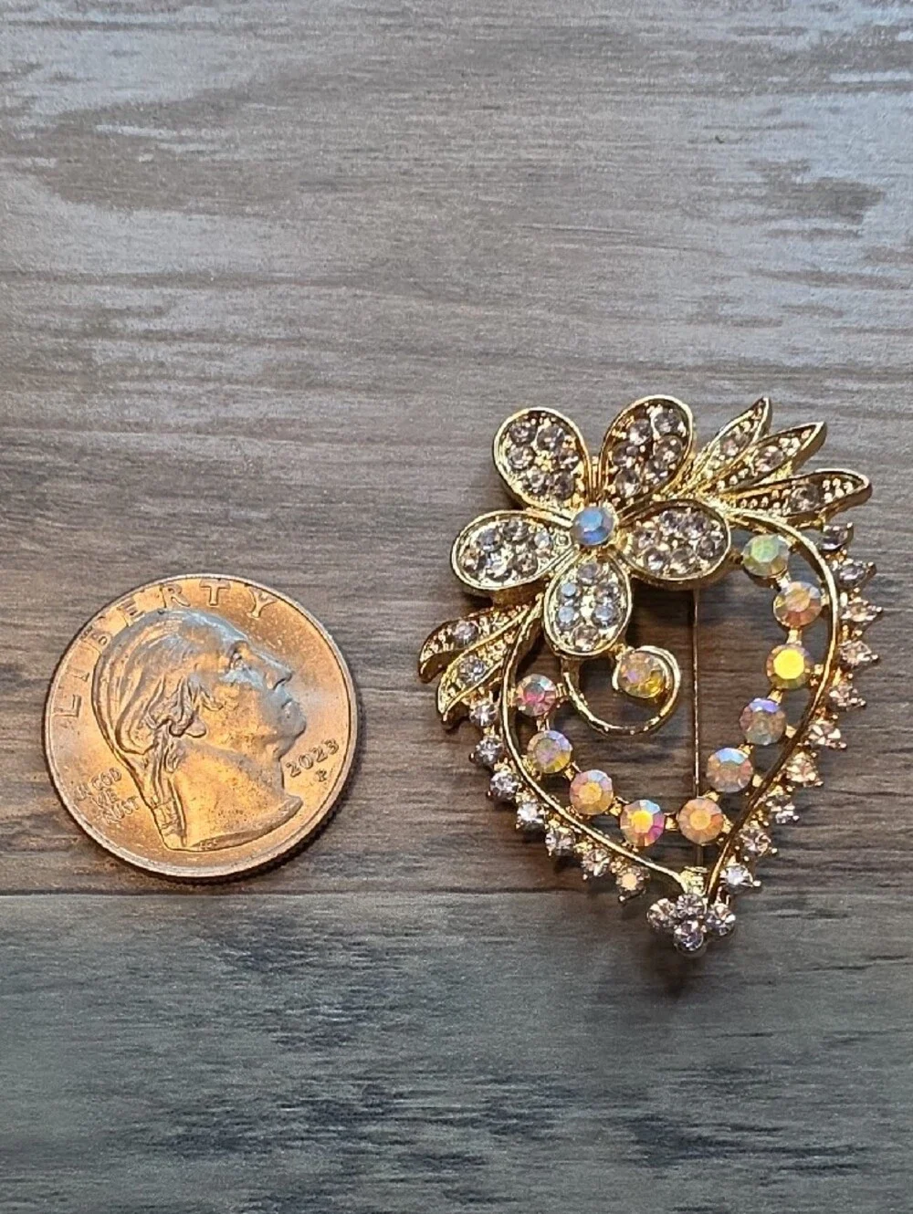 Gold Crystal Floral Heart Brooch - Gold